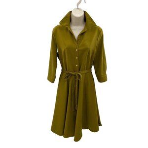 Sharagano Button Front Dress‎ Womens 4 Chartreuse Green Belt Pockets